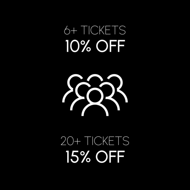6 or more tickets, 10% off; 20 or more tickets, 15% off.