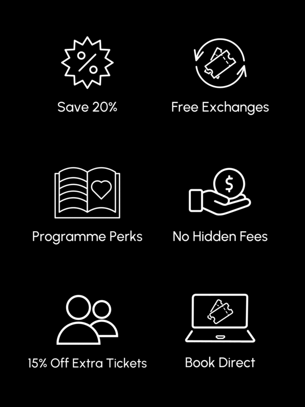 Save 20%, Free Exchanges, Programme Perks, No Hidden Fees, 15% Off Extra Tickets, Book Direct